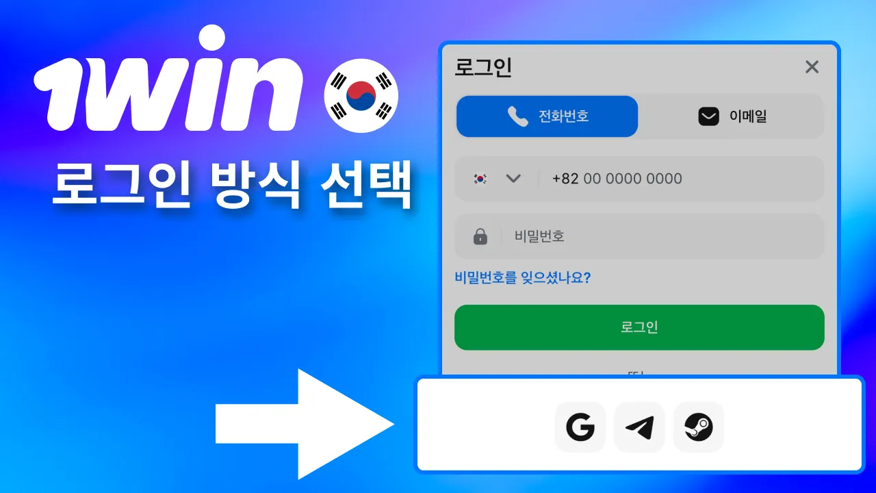 로그인 방식으로 1win의 일반 로그인이나 자동 로그인 설정.